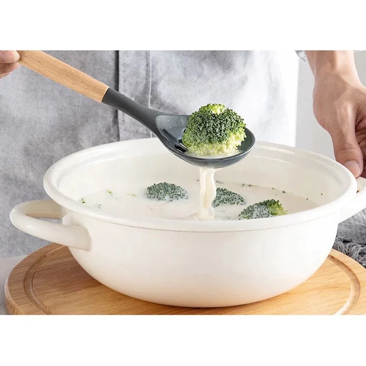 12-Piece Silicone Kitchen Utensils Set – Wooden Handle Cooking Tools with Storage Bucket (Random Color