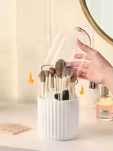 360° Rotating Makeup Brush Holder – Dust-Proof Cosmetic Organizer with 6 Compartments & Travel Brush Bag