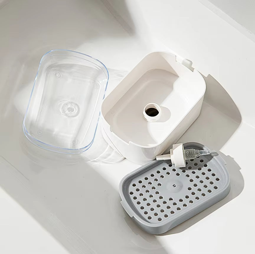 Soap Pump & Sponge Caddy – One-Handed Press Down Dish Soap Dispenser & Sink Organizer
