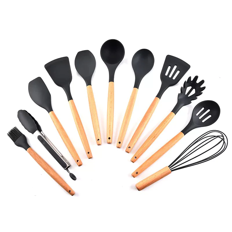 12-Piece Silicone Kitchen Utensils Set – Wooden Handle Cooking Tools with Storage Bucket (Random Color