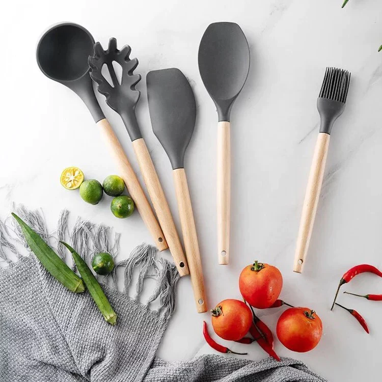 12-Piece Silicone Kitchen Utensils Set – Wooden Handle Cooking Tools with Storage Bucket (Random Color