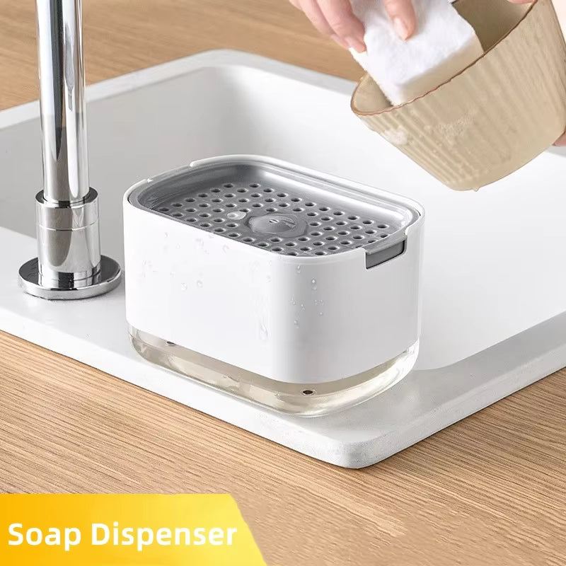 Soap Pump & Sponge Caddy – One-Handed Press Down Dish Soap Dispenser & Sink Organizer