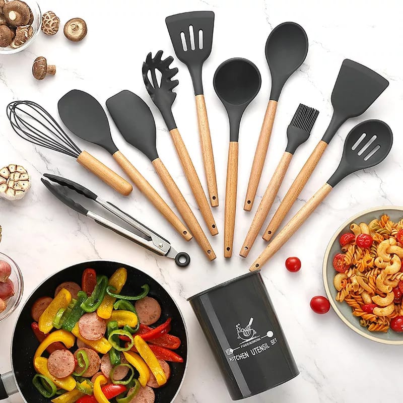 12-Piece Silicone Kitchen Utensils Set – Wooden Handle Cooking Tools with Storage Bucket (Random Color
