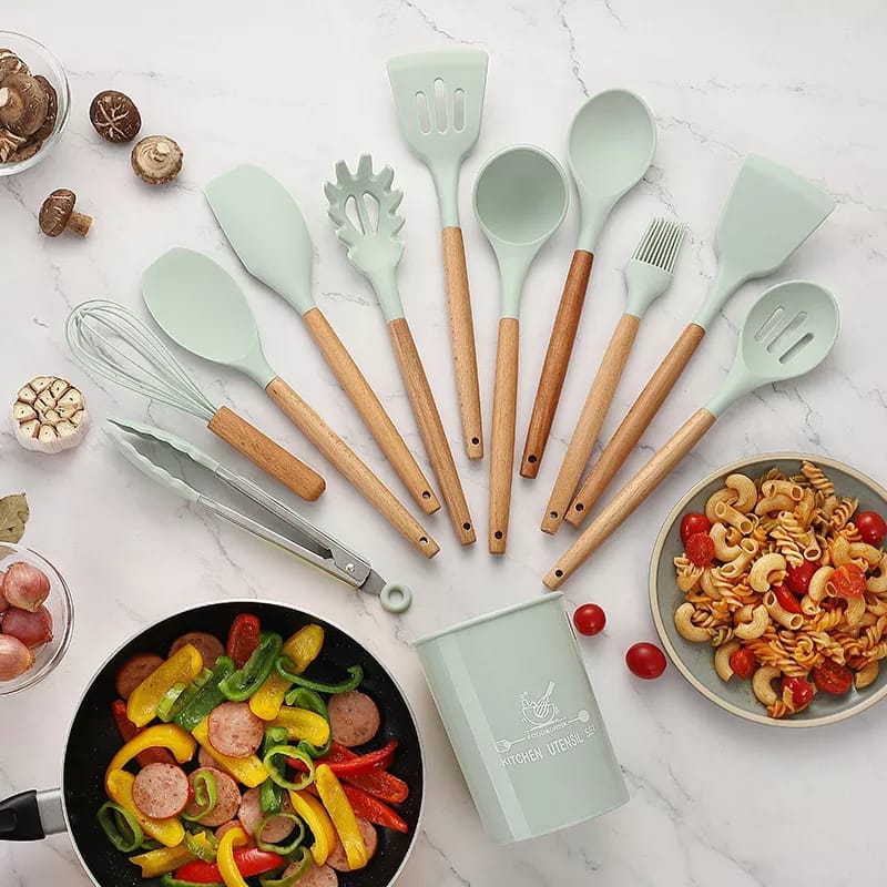 12-Piece Silicone Kitchen Utensils Set – Wooden Handle Cooking Tools with Storage Bucket (Random Color
